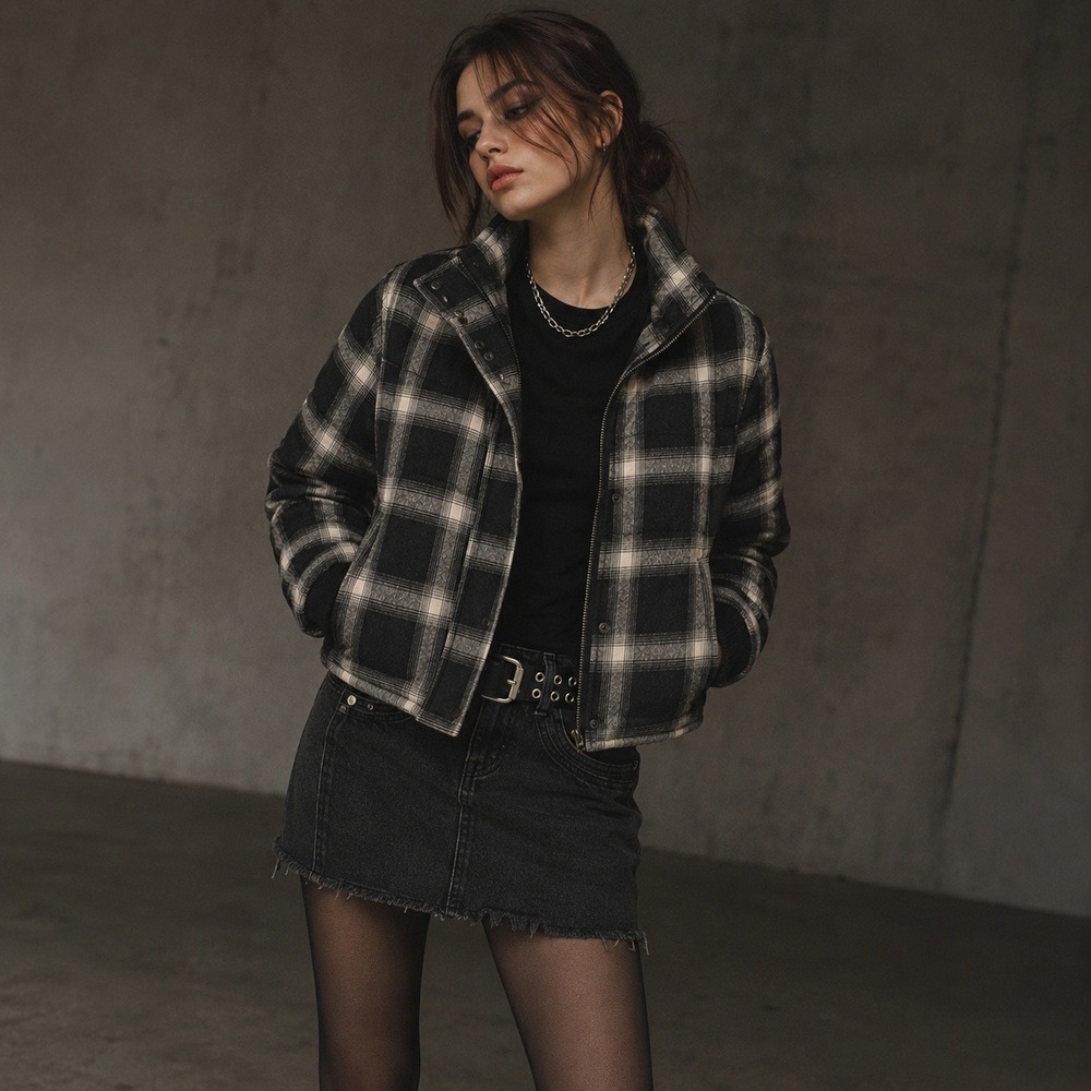 Evereve Lucy Cropped Quilted Plaid Jacket XS Black Cotton Shacket Grunge Indie